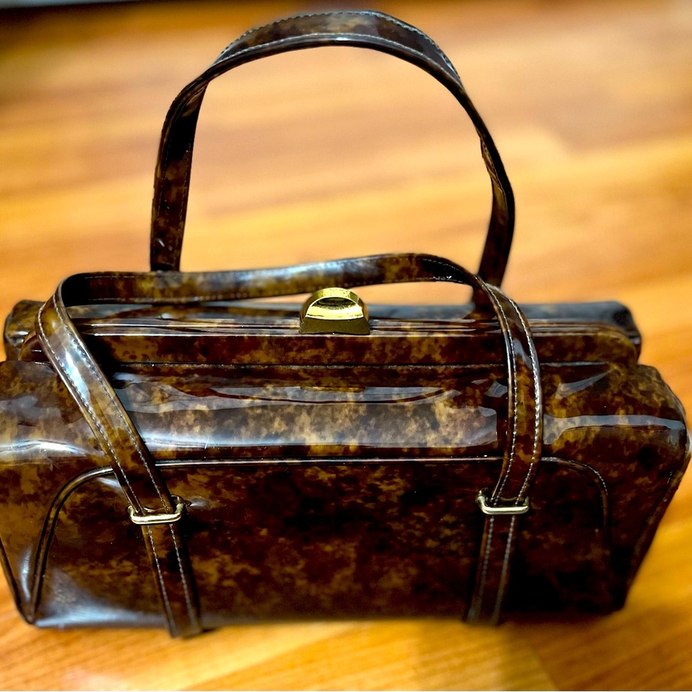 LEWIS Vintage 50’s Brown patent satchel with gold tone hardware